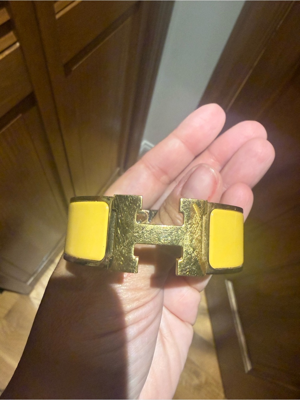 Hermes Yellow Enamel H Cuff Bracelet